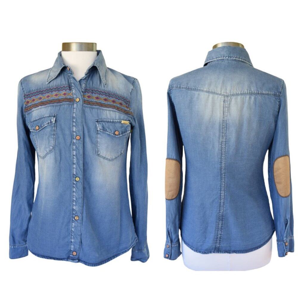 KENZO  Chambray Southwestern Embroidered Button Down Shirt Tencel